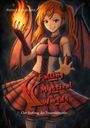 "Falling Mystical Worlds: Der Auftrag der Feuerdämonin." Eine Dämonin mit rotem Haar und Flammen in der Hand.