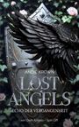 Text: "ANDIE KROWN, LOST ANGELS, ECHO DER VERGANGENHEIT, ein Dark Angels - Spin Off". Schwarze Flügel über einem Schild, umgeben von Rosen.