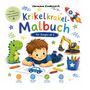 Krikelkrakel-Malbuch. Ein Junge malt mit Stiften, begleitet von einem Dinosaurier und einem Spielzeugbagger.