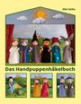 Text: "Elke Selke", "Das Handpuppenhäkelbuch". 

Sechs gehäkelte Handpuppen vor einem Bühnenbild mit Sonne und Wolken. Unten drei weitere Puppenbilder.