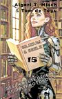 "Silizium & Seele 15, Gesammelte geheime KI-Chatprotokolle." Eine androide Frau mit Buch in einer Bibliothek.