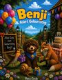 "Benji feiert Geburtstag" steht groß und farbenfroh auf einem festlichen Bild mit Tieren und Ballons.
