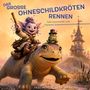 „DAS GROSSE OHNESCHILDKRÖTEN RENNEN“ – Fantasiewesen reitet auf einem lächelnden, schildkrötenartigen Tier.