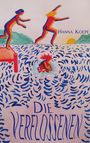 "Die Verflossenen, Hanna Koepe." Zwei Menschen springen ins Wasser; eine bunte, wellige Illustration.