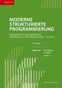 "Moderne Strukturierte Programmierung" in Weiß auf grünem Hintergrund. Design mit vertikalen Streifen.