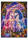 Titel: "Die Einhornfamilie im Zauberwald." Illustration zeigt fünf bunte Einhörner, umgeben von Waldtieren, Regenbogen und Lichtern.