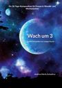 Text: "Ein 30-Tage-Kompendium für Frauen in Wandel- und Wechselzeiten. Wach um 3. Die fünf Schwellen zur ruhigen Nacht. Andrea Merle Schwörer." 

Hintergrund: Ein kosmisches Motiv mit zwei großen Mondkörpern und einem farbenfrohen Sternenhimmel.