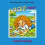 "Mia Buntschuh & Isabel Sonne. Locke malt Australien." Illustration: Kind malt Känguru. Bunte Landschaft im Hintergrund.