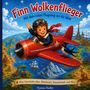„Finn Wolkenflieger. Mit dem roten Flugzeug um die Welt.“ Junge im roten Flugzeug über Weltlandschaft, voller Abenteuergeist.