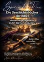 Texte: "Spuren der Treue", "Die Geschichtsbücher der Bibel", "Gottes ewige Gegenwart in den Stürmen des Lebens". Eine Krone und ein Schwert liegen auf einem Tuch in einer antiken Landschaft.