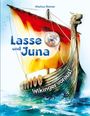 Titel "Lasse und Juna", Untertitel "Wikinger voraus!". Ein Wikingerboot mit Drachenkopf segelt auf dem Meer.