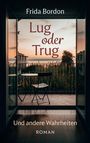 „Frida Bordon: Lug oder Trug. Und andere Wahrheiten. Roman.“ Blick auf Balkon mit Tisch, Stuhl, und Sonnenuntergang.