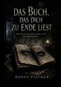 „Das Buch, das dich zu Ende liest. Manche Geschichten enden nicht. Sie beenden dich.“ Illustration: Aufgeschlagenes Buch mit Augen.