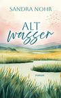 "Sandra Nohr", "Alt Wasser", "Roman". Eine malerische Landschaft mit Schilf und Vogelschwarm, Wasser und Hügel im Hintergrund.