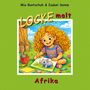 "LOCKE malt Afrika". Illustration: Ein Kind mit lockigem Haar zeichnet ein Nashorn im Freien, umgeben von Farben und Buntstiften.