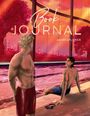 „Book Journal Jahresplaner“ steht im Vordergrund. Illustration: Zwei Männer am Pool, einer sitzt, der andere steht, Sonnenuntergang im Hintergrund.