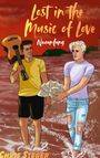 Texte: "Lost in the Music of Love", "Neuanfang". Zwei Männer am Strand, einer trägt Gitarre, der andere hält eine Muschel.