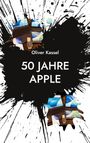 "50 Jahre Apple" in weißem Text auf schwarzem Hintergrund, umgeben von Farbklecksen und Apple-Geräten.