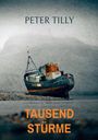 "PETER TILLY" oben, "TAUSEND STÜRME" unten. Ein altes, verlassenes Schiff liegt gekippt am Ufer, Berge im Hintergrund.