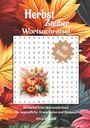Text: "Herbst Zauber Wortsuchrätsel", "80 Rätsel", "80 herbstliche Wortsuchrätsel", "für Jugendliche, Erwachsene und Senioren", "Alice Schaub". Hintergrund: Bunte Blätter, Illustration von Kürbissen.