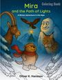 Text: "Mira and the Path of Lights: A Winter Adventure in the Alps." Illustration: Ein fröhliches Tier mit Freunden im Schnee.