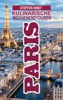 Text: "Steffen Kindt Kulinarische Wochenendtouren Paris". Eiffelturm, Stadtansicht mit Fluss und beleuchteten Gebäuden.