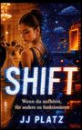 „SHIFT. Wenn du aufhörst, für andere zu funktionieren. JJ PLATZ.“ Tänzerin im Ballsaal, pixelige Videospielgrafik.