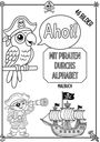 "Ahoi! Mit Piraten durchs Alphabet. Malbuch. 46 Bilder." Ein Papagei mit Piratenhut, ein Pirat mit Fernrohr, ein Piratenschiff.