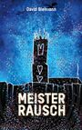 „MEISTER RAUSCH“, David Bielmann. Illustration einer abstrakten, dunklen Kirche mit blauer Kulisse und bunten Punkten.