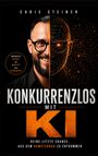 Texte: "Konkurrenzlos mit KI", "Mensch denkt. KI macht. Du gewinnst." Links Mann, rechts digitalisiertes Gesicht.