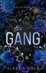 CLAIMED BY THE GANG. Dark Romance. Alessia Gold. Schwarzer Hintergrund, blaue Blumen, Totenkopf, Schlagring.