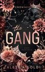 Text: "Crowned by the Gang", "Dark Romance", "Alessia Gold". Ein Schädel, rosa Blumen und Kronen, elegant und mystisch.