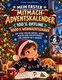 Ein Junge malt lächelnd in einem Buch, umgeben von Weihnachtsdekoration, Baum, Stiften, Becher und schlafendem Hund.