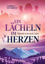 "Ein Lächeln im Herzen. Aufbruch in ein neues Leben." Illustration: Menschen, Herz, Berge, Gebäude und Parfümflasche.