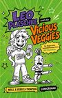 „LEO PLASCHKE und die VICIOUS VEGGIES. Der Beginn eines Sammelkartenimperiums. Mit Chamäleon. NEILL & REBECCA THOMPSON.“ 

Grüne Comic-Illustration mit einem Jungen und Chamäleon.
