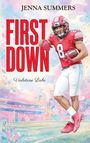 Text: "FIRST DOWN" und "Verbotene Liebe". Illustration: Fußballspieler in rotem Trikot mit Ball vor einem Stadionhintergrund.