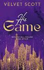 "His Game" in glitzernder Schrift auf lila Hintergrund; darunter eine Skyline aus leuchtenden, goldenen Quadraten.