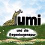 umi und die Regenbogenspur. Gemälde: Eine fröhliche Schnecke ragt über großen, schwarzen Text in einer grünen Wiese.