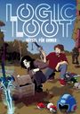 Text: "LOGIC LOOT - RÄTSEL FÜR GAMER." Zwei Figuren entdecken im Wald einen Schatz mit Gaming-Objekten.