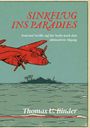 "SINKFLUG INS PARADIES" in roter Schrift, darunter ein rotes Flugzeug über tropischem Meer und Insel mit Palmen.