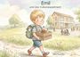 „Emil und das Vulkanexperiment“. Ein Junge trägt eine Kiste mit Vulkanmodell vor einer Schule. Kinder spielen im Hintergrund.