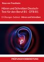 Titel: Hören und Schreiben Deutsch-Test B1, 15 Übungen. Abstrakte Grafik eines Ohres in Blau-Rot.