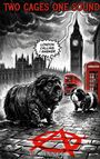 "Two Cages One Sound" und "London calling. I answer." Zwei Meerschweinchen in Lederjacken vor Big Ben und rotem Bus.