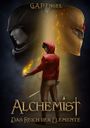 „Alchemist: Das Reich der Elemente“. Ein junger Mann in rotem Hoodie hält eine Flamme und ein Schwert. Zwei übergroße Köpfe.
