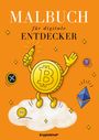 "Malbuch für digitale Entdecker" auf orange. Glückliche Bitcoin-Münze mit Stift auf Wolke, umgeben von Kryptowährungs-Symbolen.
