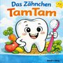 "Das Zähnchen TamTam" in blauer und orangener Schrift. Ein fröhlicher Zahn mit einer Zahnbürste, umgeben von Gemüse.