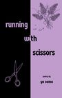 „running with scissors“, „poetry by ya sama“, schwarze und lila Hälfte, mit Schere und Blumenillustration.