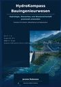 "HydroKompass Bauingenieurwesen" zeigt Formeln und Diagramme, darunter ein Damm mit technischen Zeichnungen und Flussnetz.