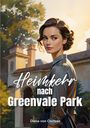 "Heimkehr nach Greenvale Park", Diana von Oertzen. Eine Frau vor einem Gebäude, umgeben von Bäumen, in sanften Farben.