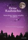 “Deine Rauhnächte” steht über einem sternenklaren Himmel. Vollmond und schwarze Silhouetten von Bäumen unten.